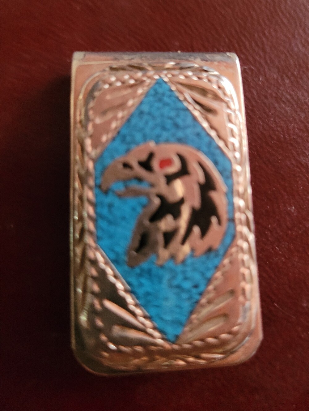 Nickle Silver Eagle Money Clip with Turquoise, Black Onyx And Red CoraI Inlay.